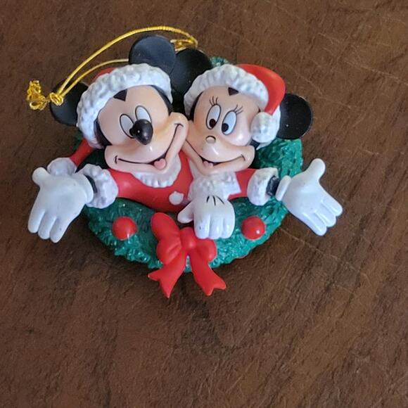 Vintage Disney Mickey and Minnie in Wreath Holiday Ornament. - Picture 1 of 8